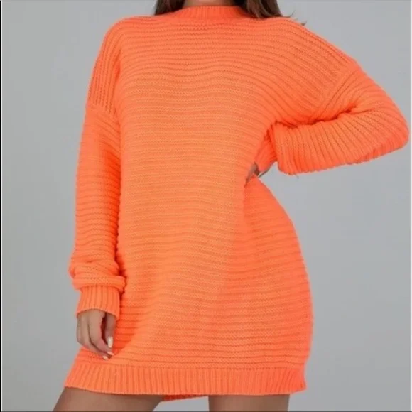 Neon Coral Sweater Dress - Picture 1 of 6